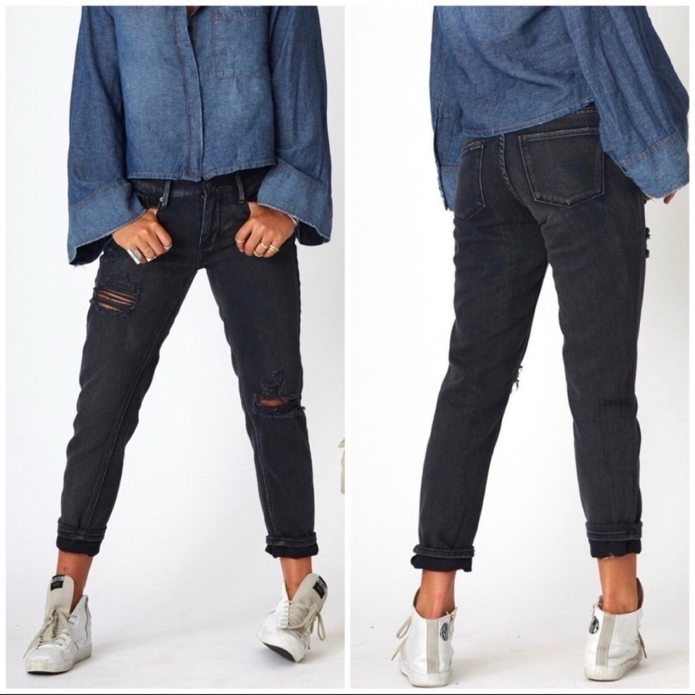Denim Colab Boyfriend Jeans Women’s 8 Black Stonewashed Goth Grunge Distressed - Picture 2 of 16